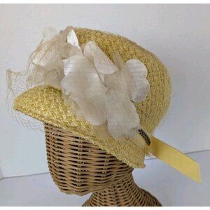 Vintage 1950s Yellow Straw Tilt Cocktail Hat Veil Floral Trim Easter Church MCM